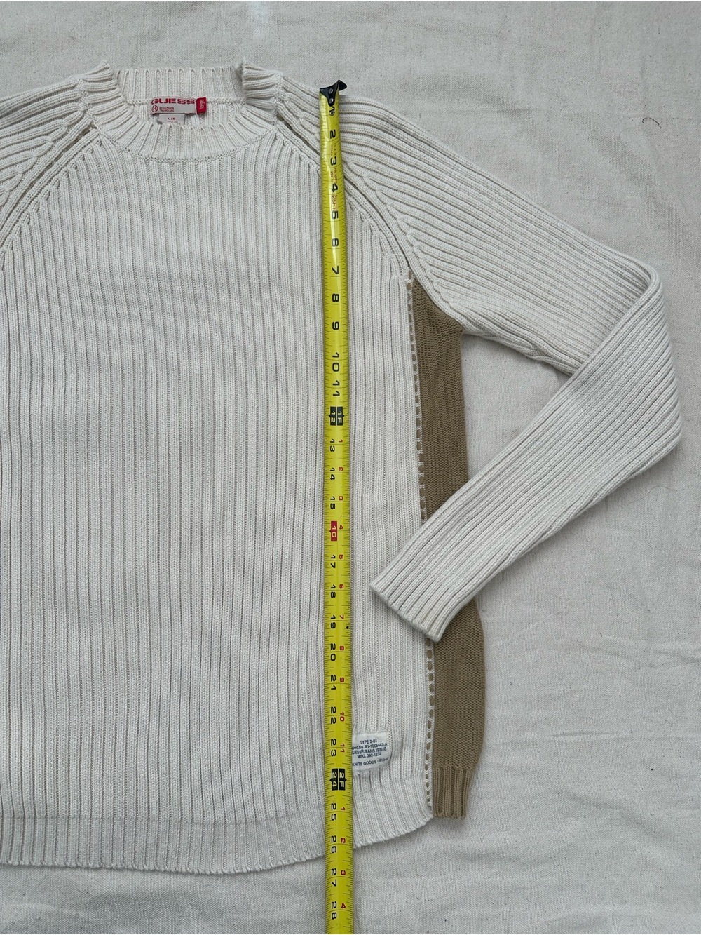 Guess Men’s Type 2-81 Cream Ribbed Knit Sweater with Khaki Side Panels Size L - Picture 7 of 11